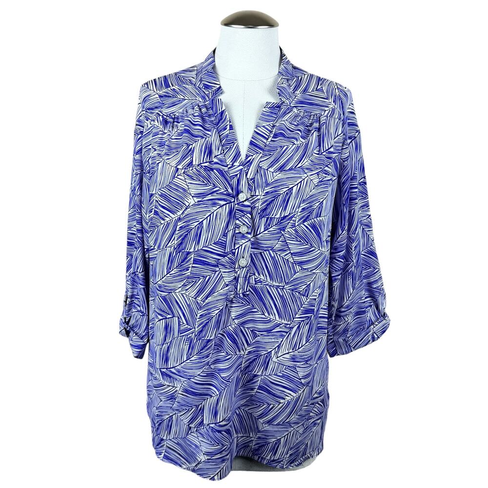 Women's Milly Blue White Palm Leaf 3/4 Sleeves Tropical Blouse Silk Blend Top 10
